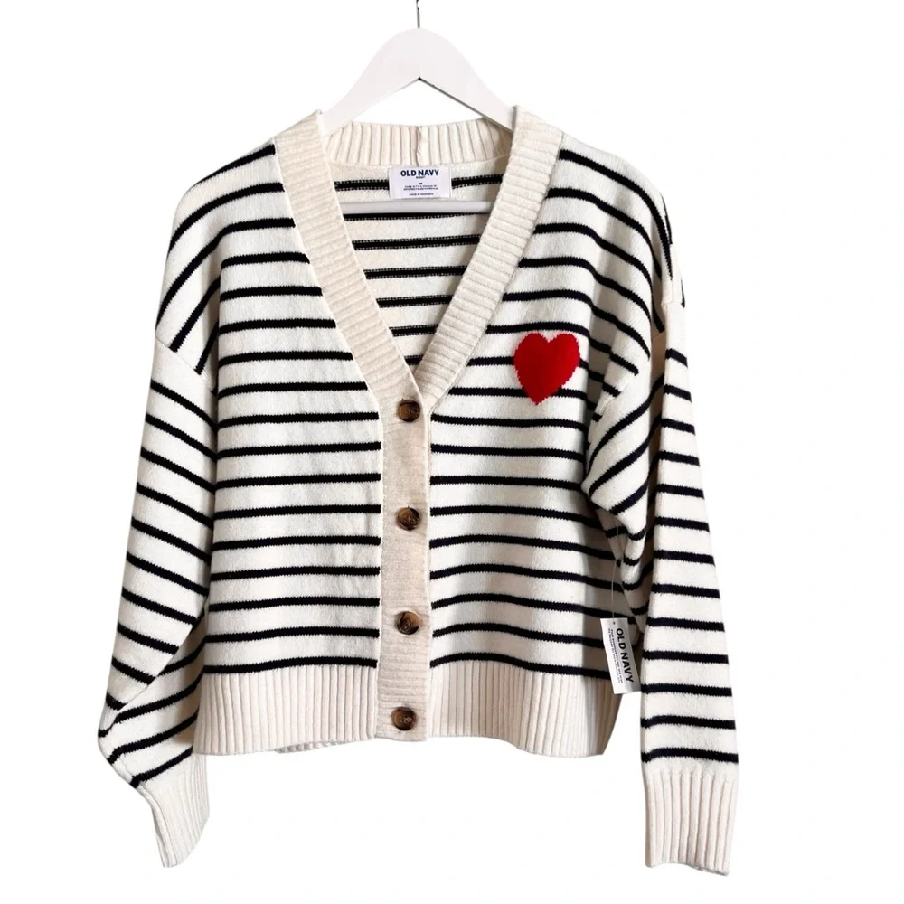 New OLD NAVY SoSoft V-Neck Valentine Heart
Cardigan Sweater Striped Crm Navy M - Picture 9 of 13